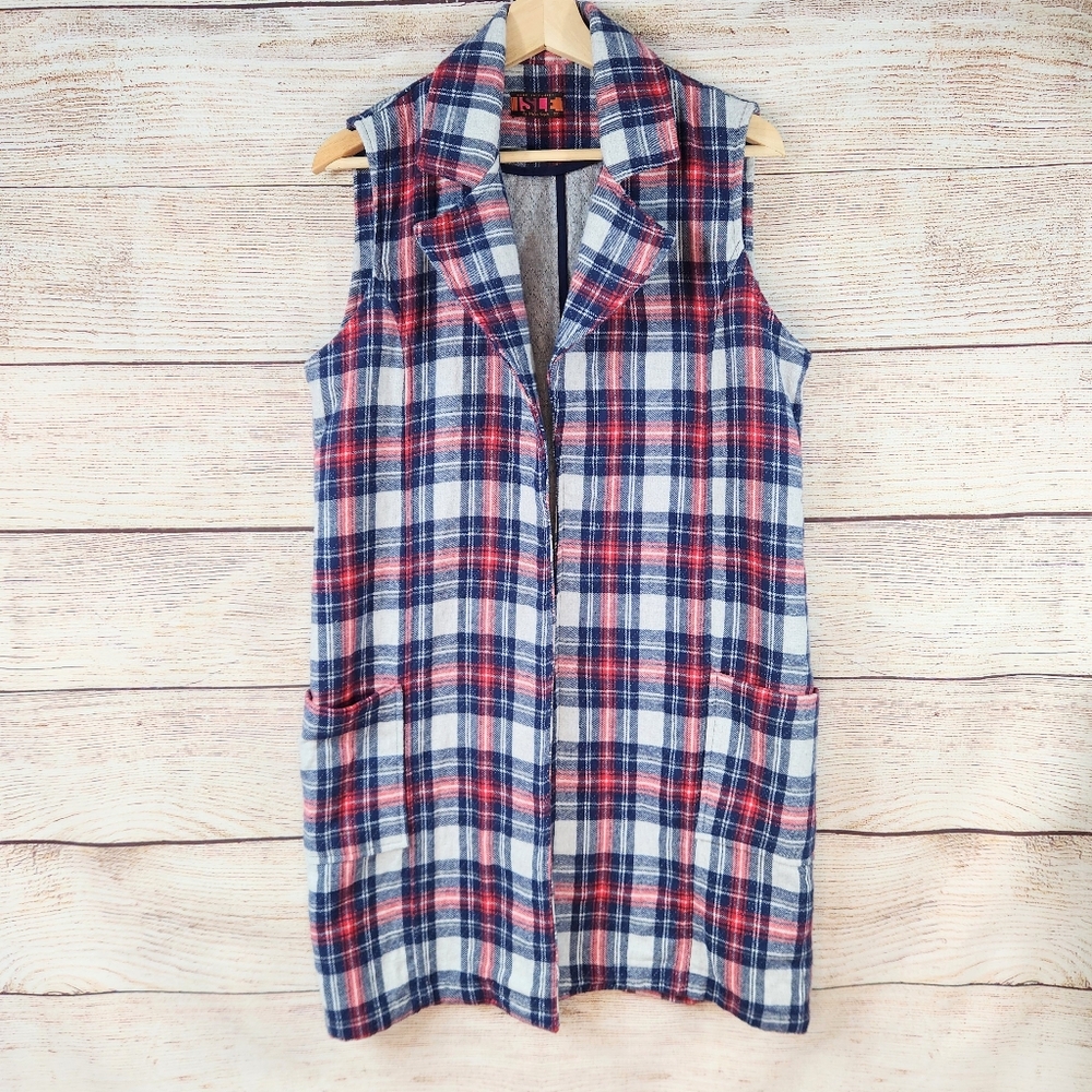 Isle by Melis Kozan Plaid Flannel Long Vest Womens Medium Sleeveless Open Front